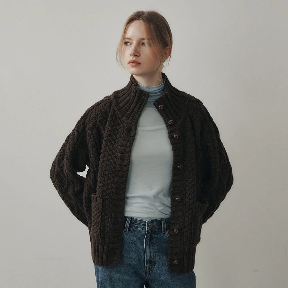 High Neck Fisherman Wool Cardigan DarkBrown