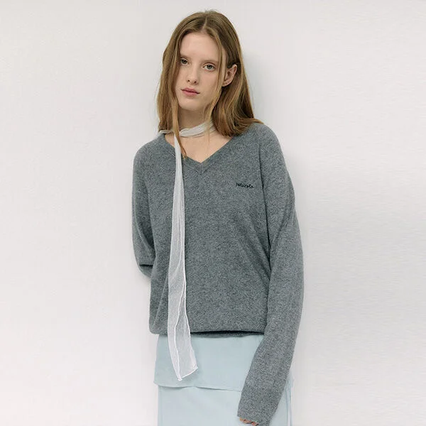 WOOL BLENDED V NECK KNIT GRAY