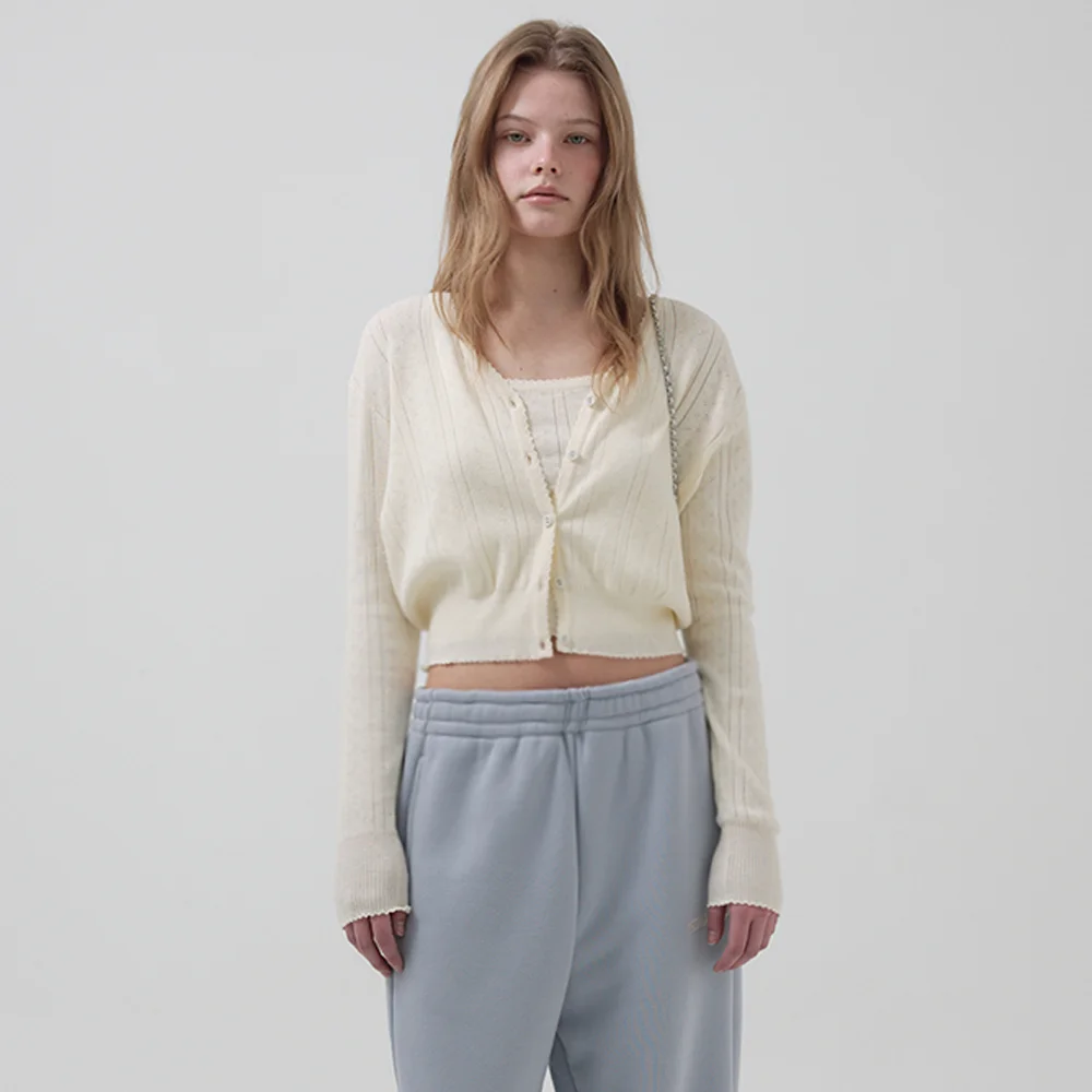 Cotton Eyelet Knit Cardigan Ensemble With Sleeveless Top_Light Yellow