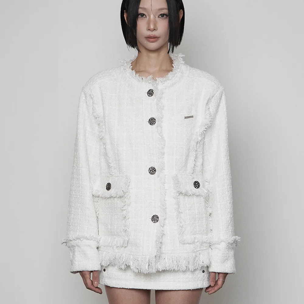 Back- belt Pocket Overfit Tweed Jacket ( WHITE )