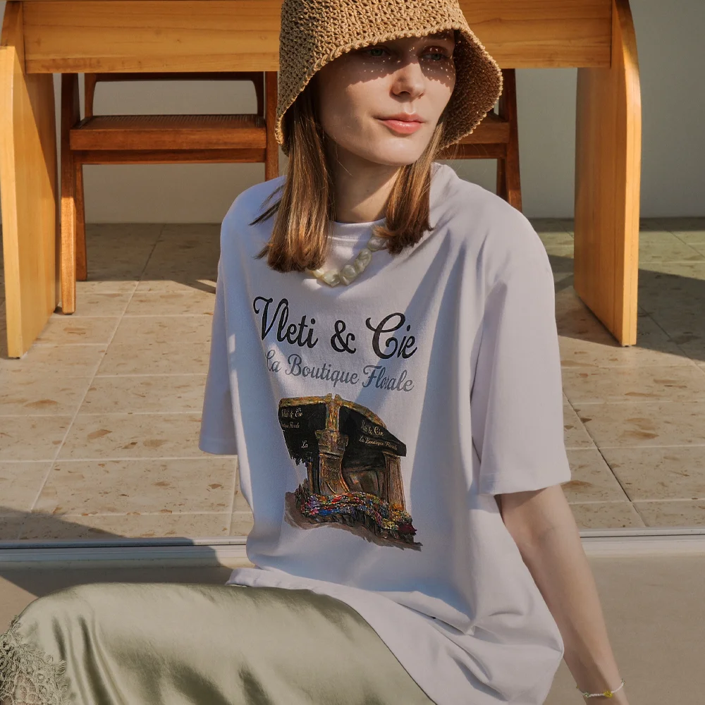 Cotton Oversized Flower&Lettering Print Tee (white)