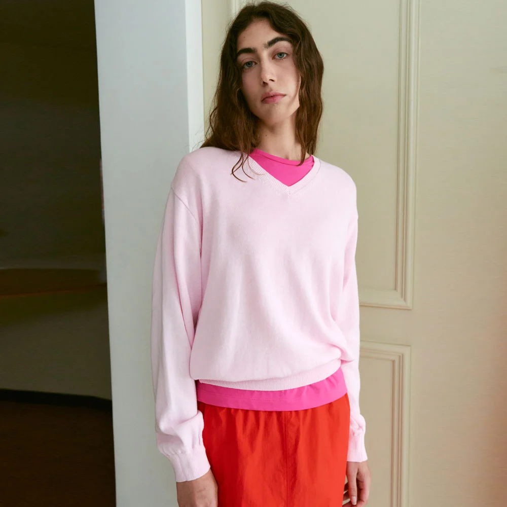 Regular Cotton V-Neck Knit (Light Pink)