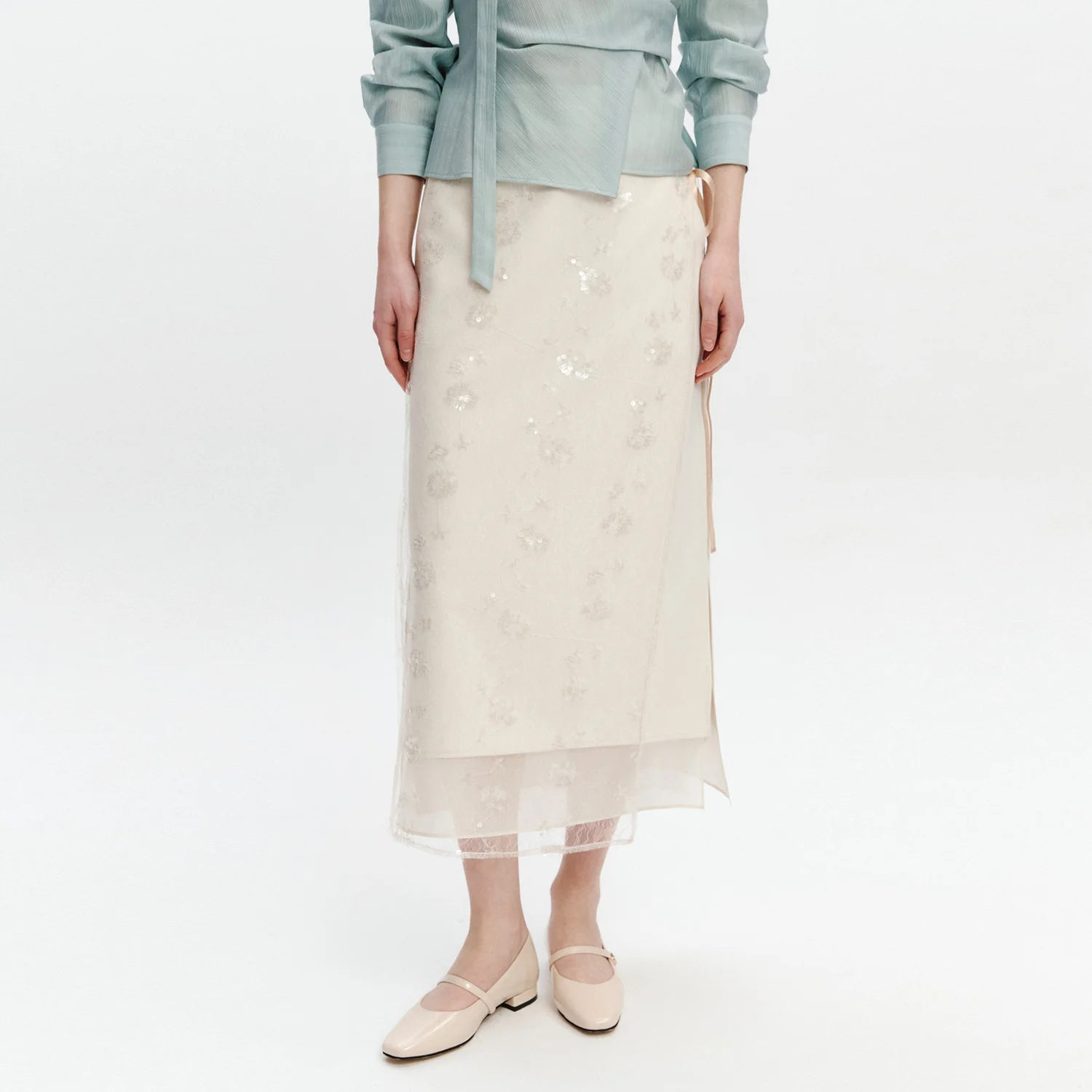 Spangle See-through Wrap Skirt BEIGE