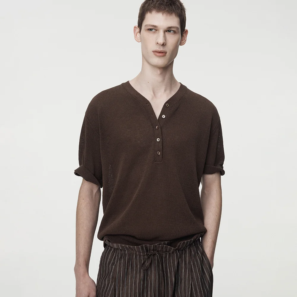 High Twist Cotton Henley Neck Pullover_Walnut