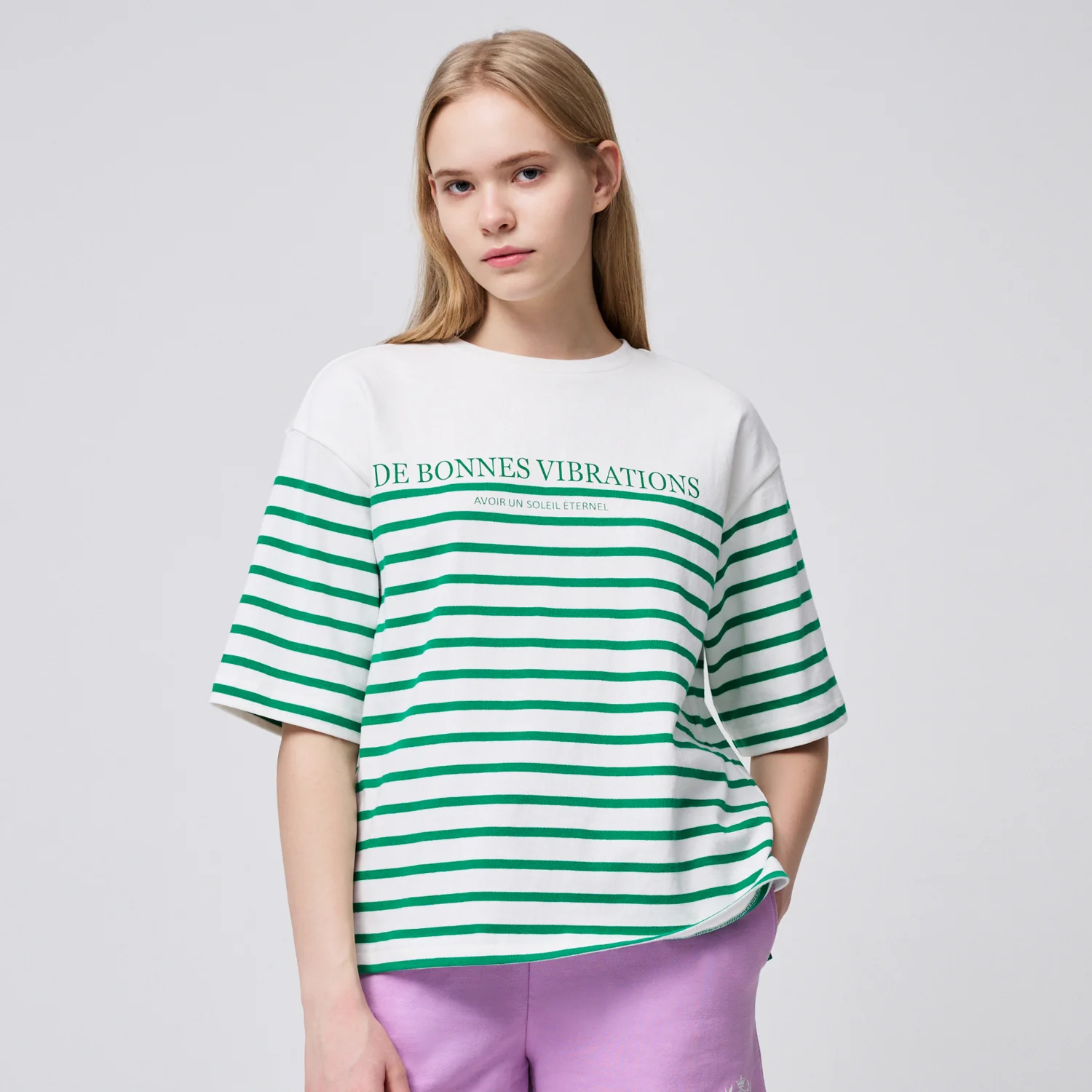 Border Stripe 圓領 女裝 短袖T恤 GREEN