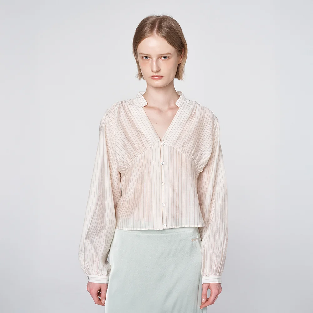 Shirred Texture Stripe Blouse Beige