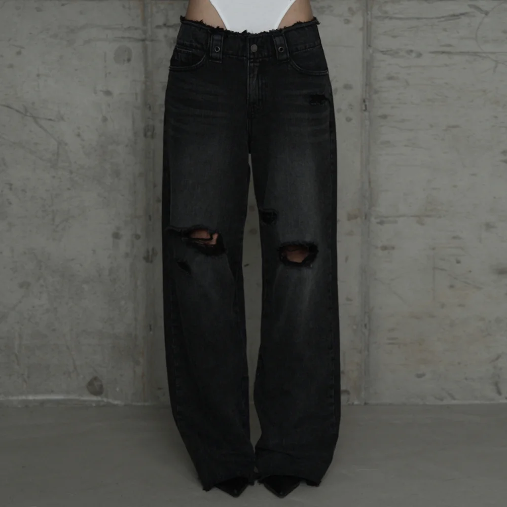 Wide Front Damage Denim Pants (Dark Gray)