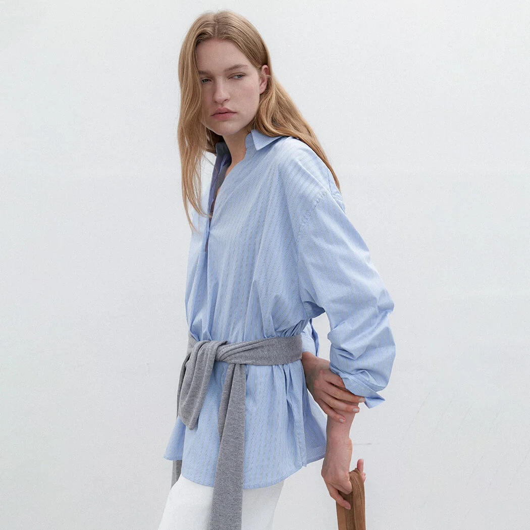 STRIPE LOOSE FIT TUCK SHIRT(BL-4373)