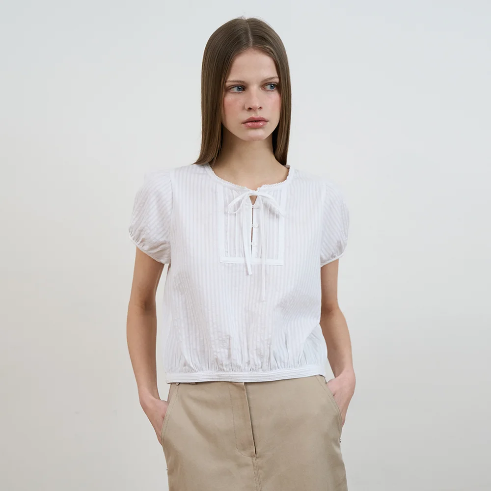 Puff Sleeve Ribbon Blouse