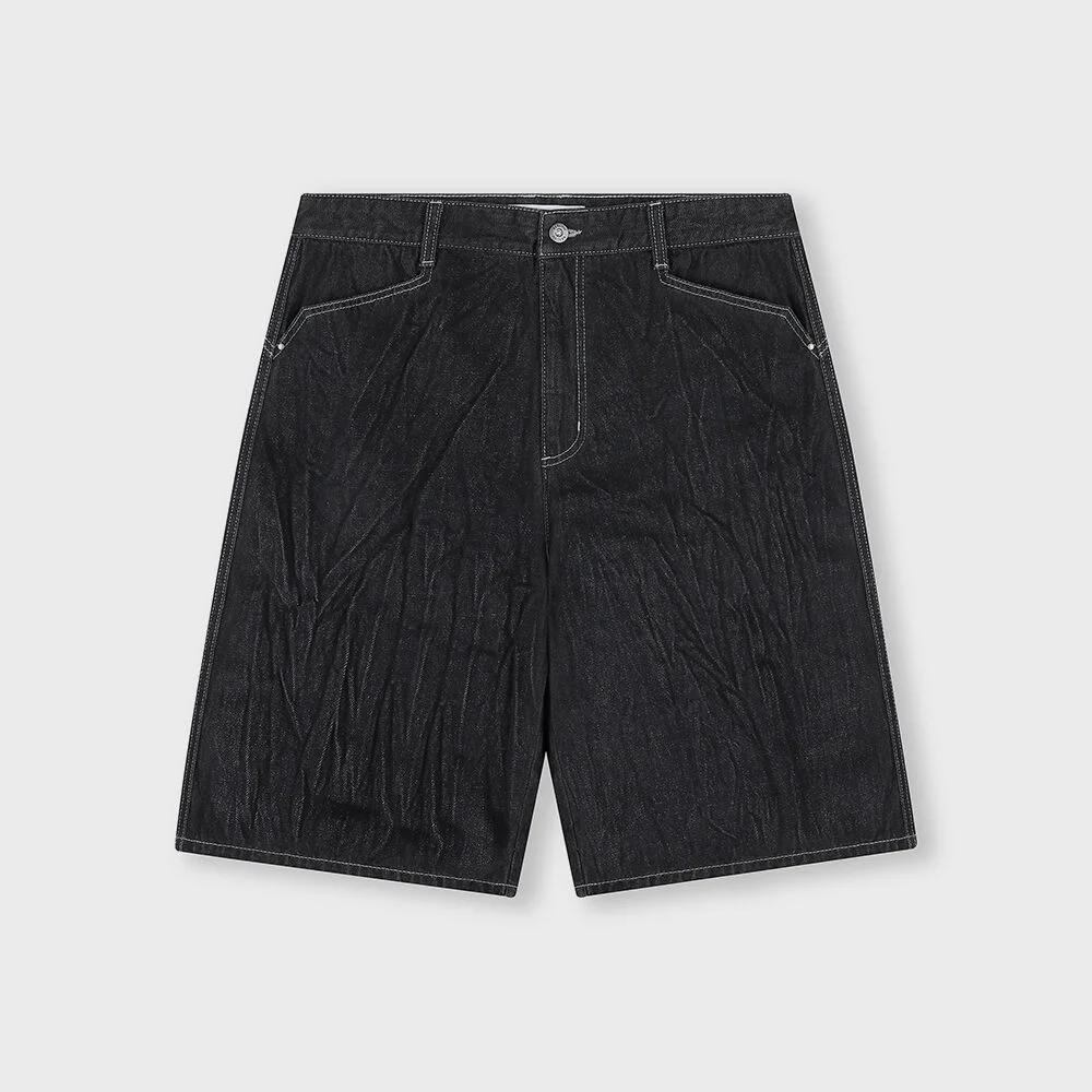 CRINKLE DENIM SHORTS BLACK