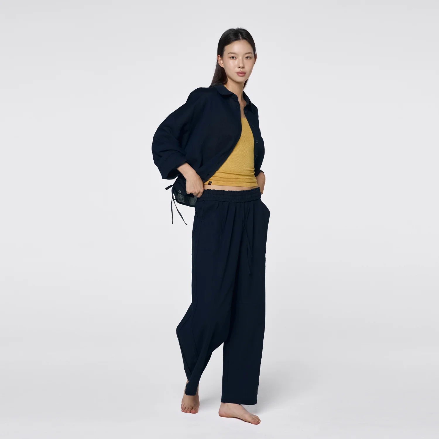 OZPN2172 亞麻 桶形 褲子 - 靛藍