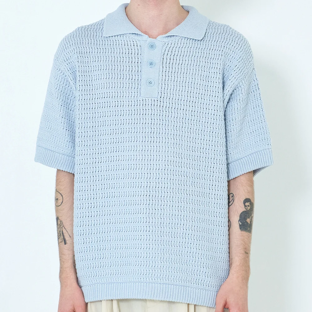 Crochet Knit Cotton Polo Shirt (White Sky)