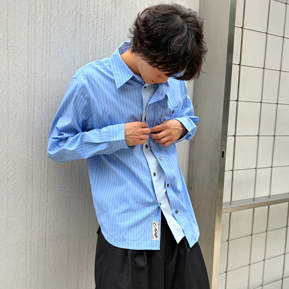 ASYMMETRIC LAYERED SHIRT (BLUE/BLUE STRIPE)