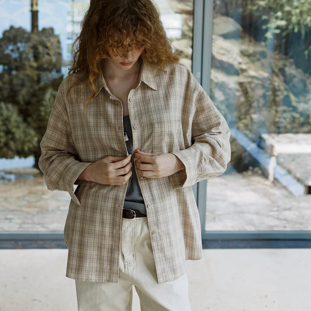 Oversized cotton check shirt _Beige