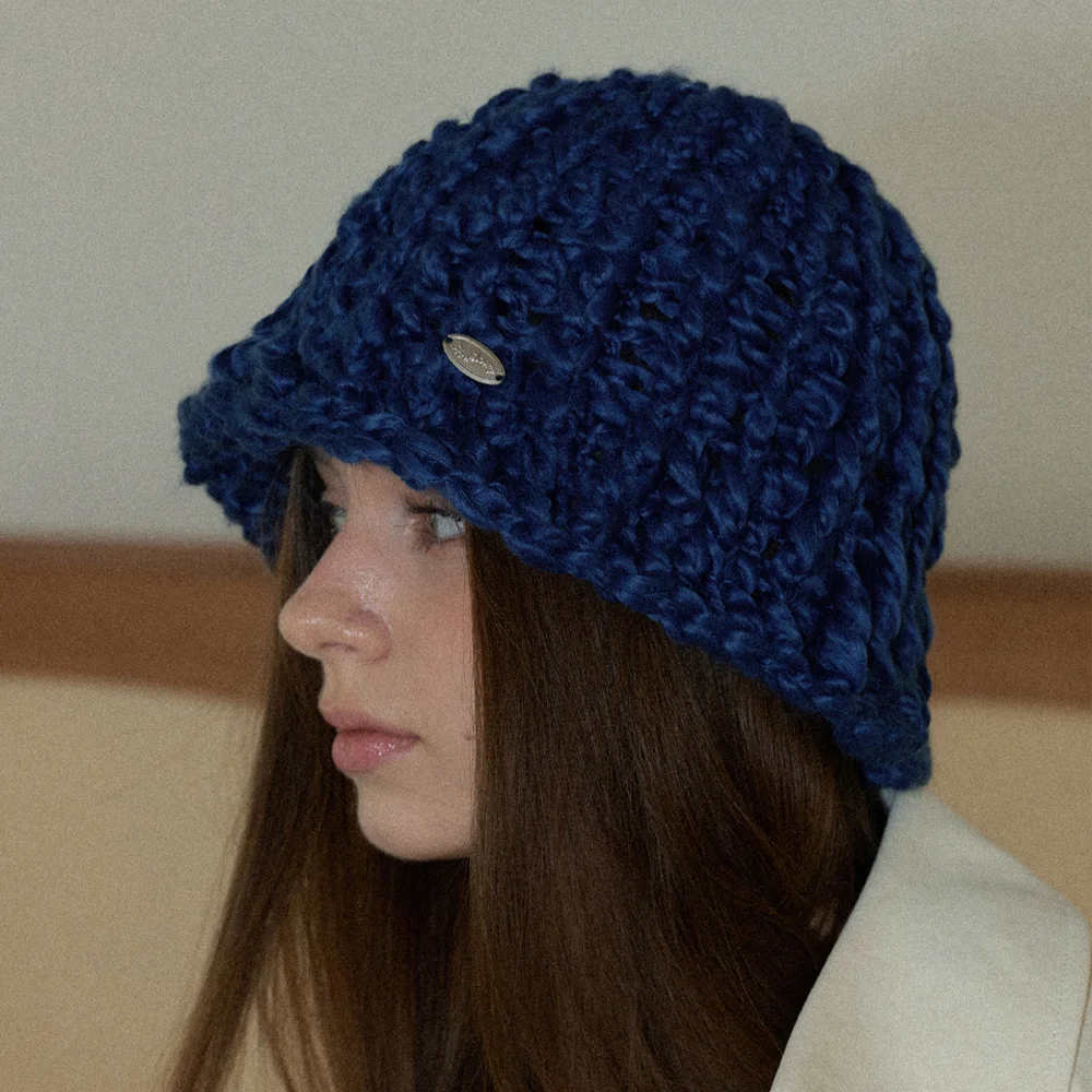 Sleeve Handmade Crochet Knit Wool Bucket Hat _ Navy