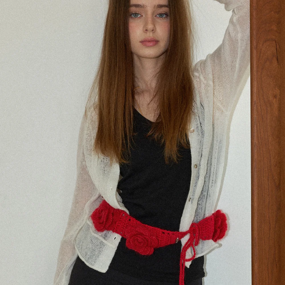 Camellia Handmade Crochet Mohair Knit Wide Belt _ Red