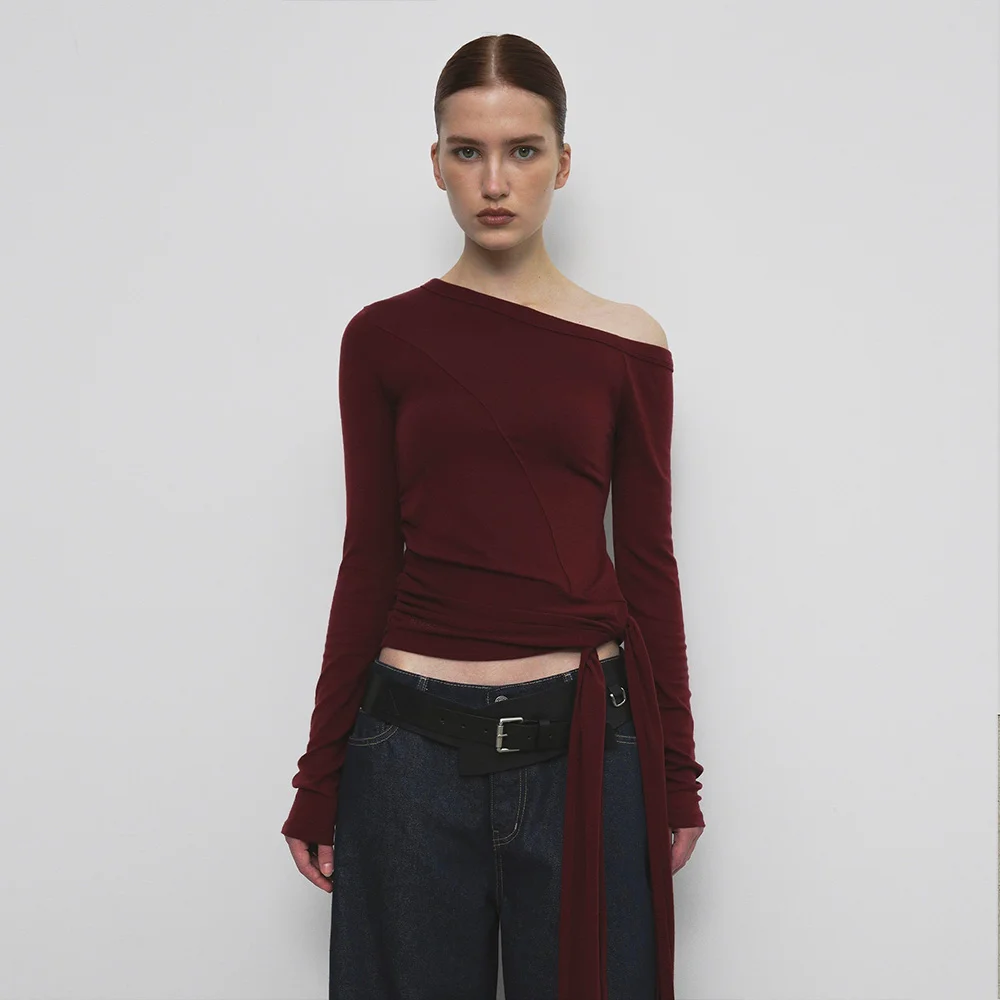ONE SHOULDER UNBALANCED STRAP T-SHIRT_WINE