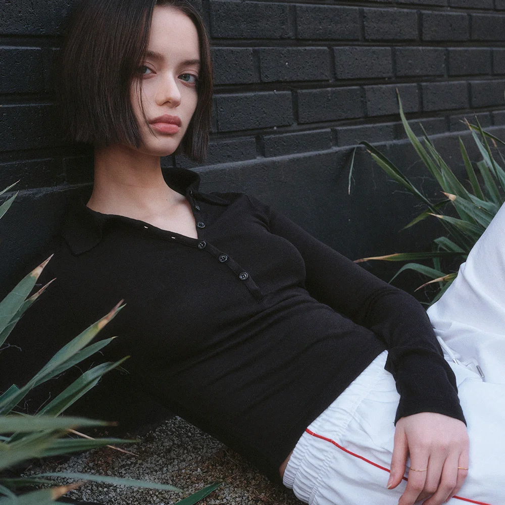 RAY WOOL BUTTON-UP COLLAR T-SHIRT_BLACK