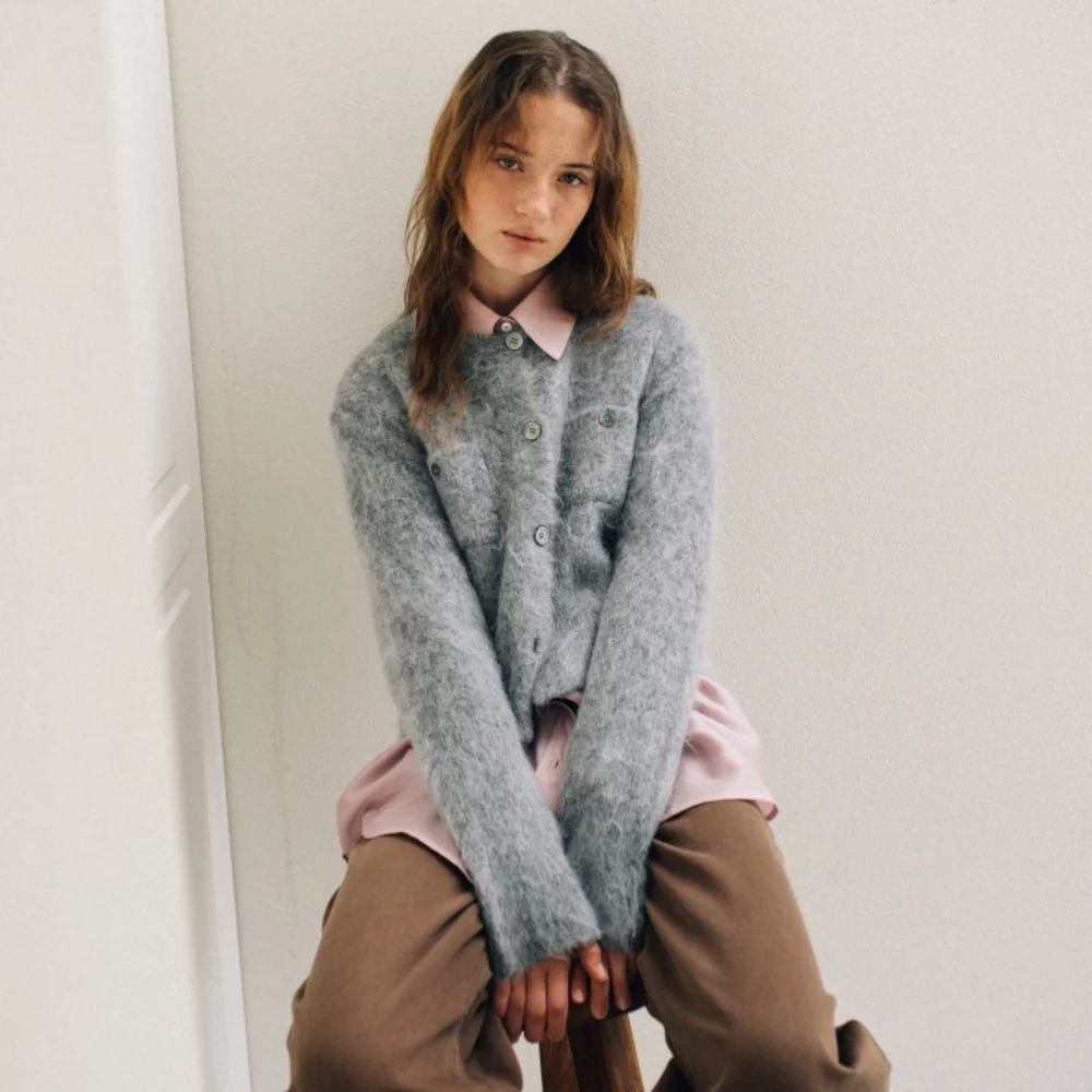 HAIRY WOOL KNIT CARDIGAN GREY