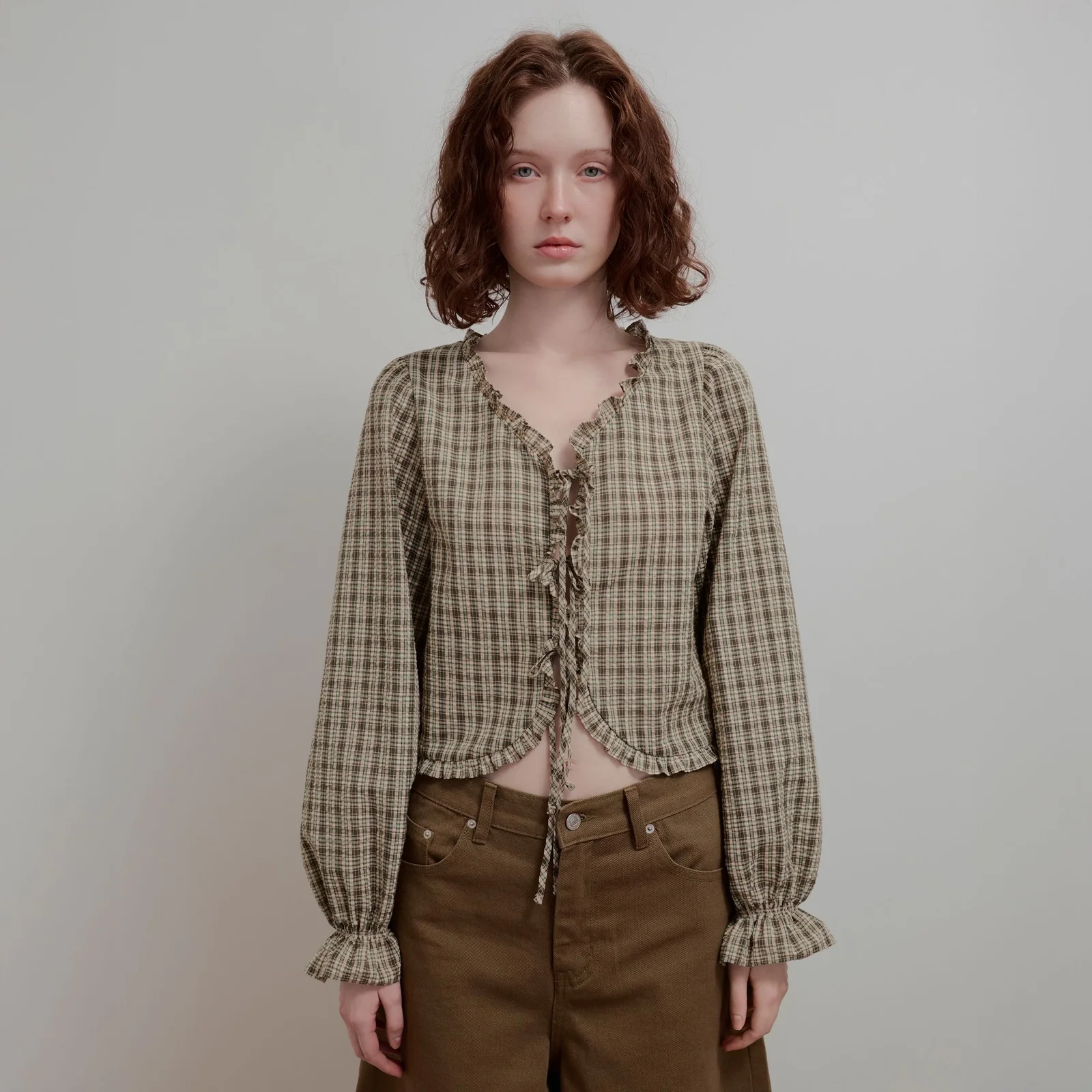 RUFFLE RIBBON BLOUSE - CHECK