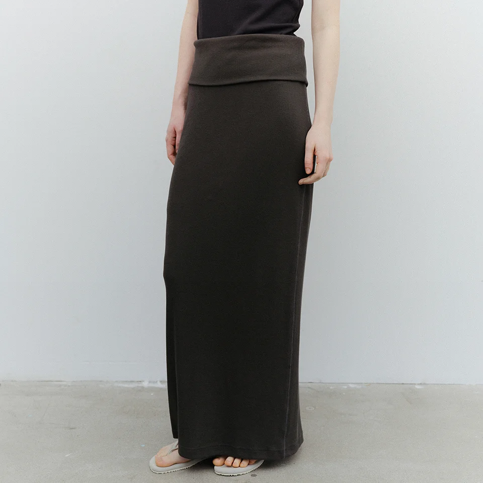 cotton ribbed banding long skirt (dark grey)