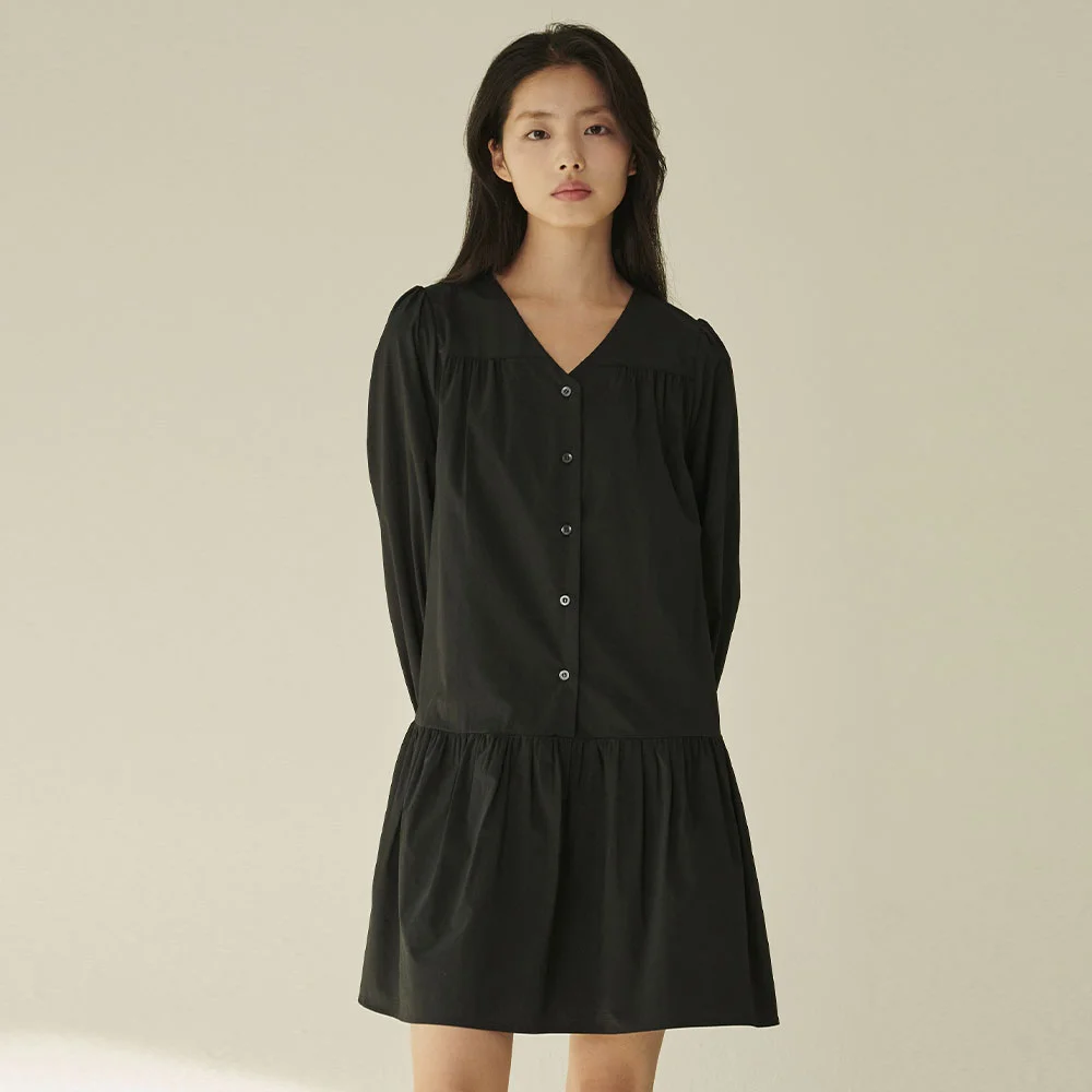 V領 抽褶 長袖 連身裙 - 黑色/ V-Neck Shirring Longsleeve Dress - Black