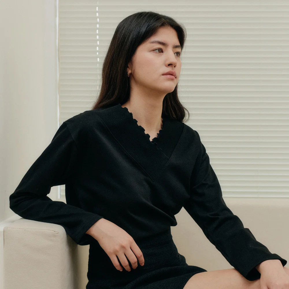 LONG SHIRRING T-SHIRT_BLACK