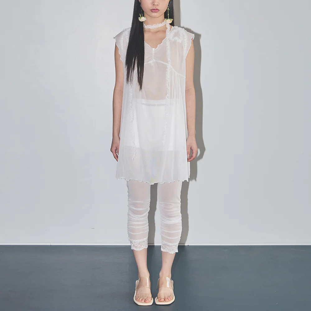 SHEER MESH RIBBON DRESS WHITE