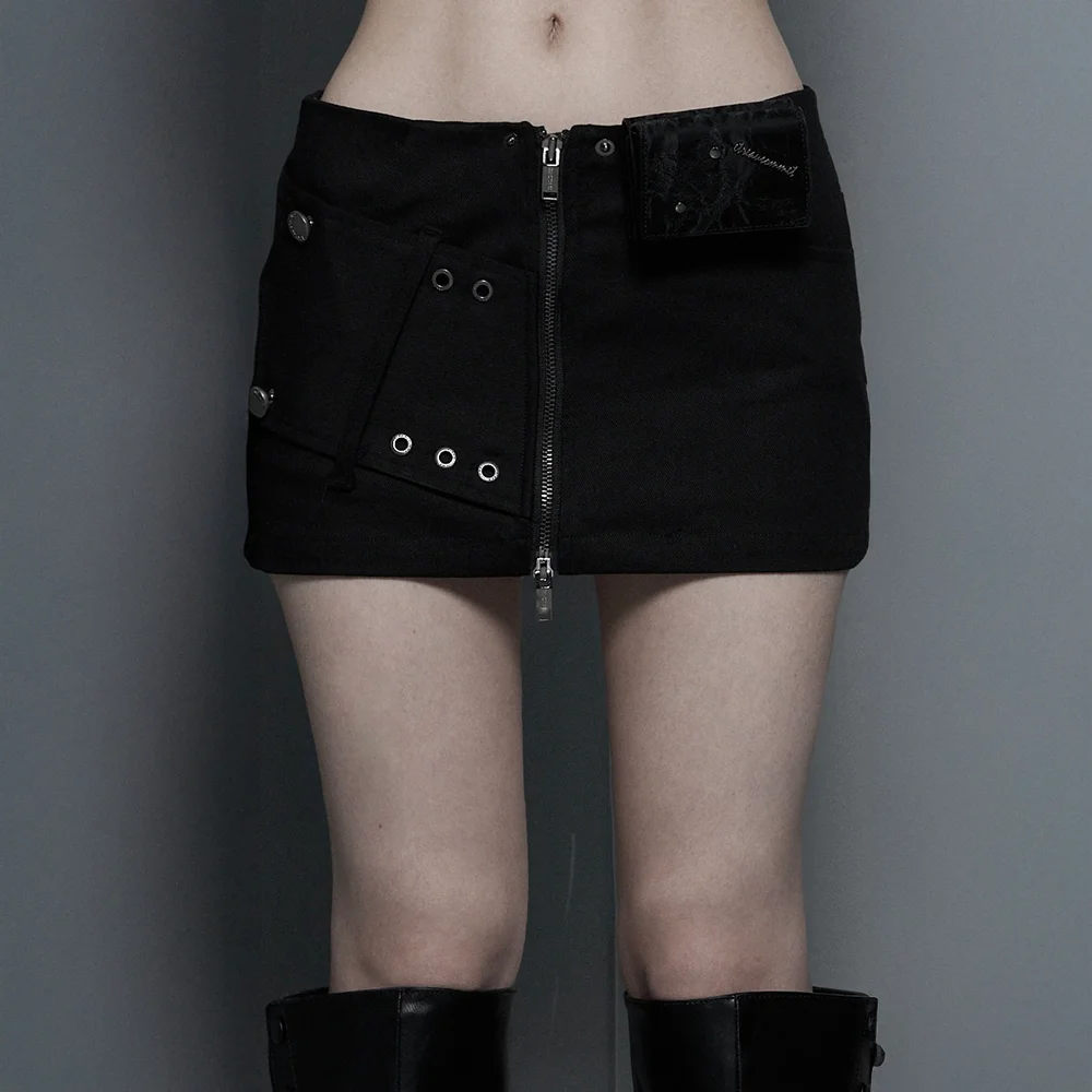 Front Zip Belt Detail Mini Skirt (Black)