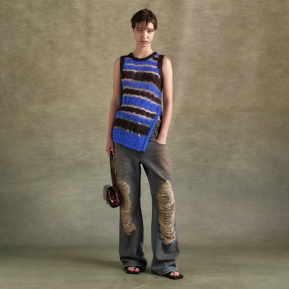 VINTAGE SPRAY DOUBLE WAIST JEANS apa832u(DUSTY BLUE)
