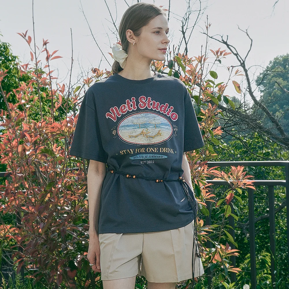 Cotton Oversized Beach&Lettering Print Tee (charcoal)