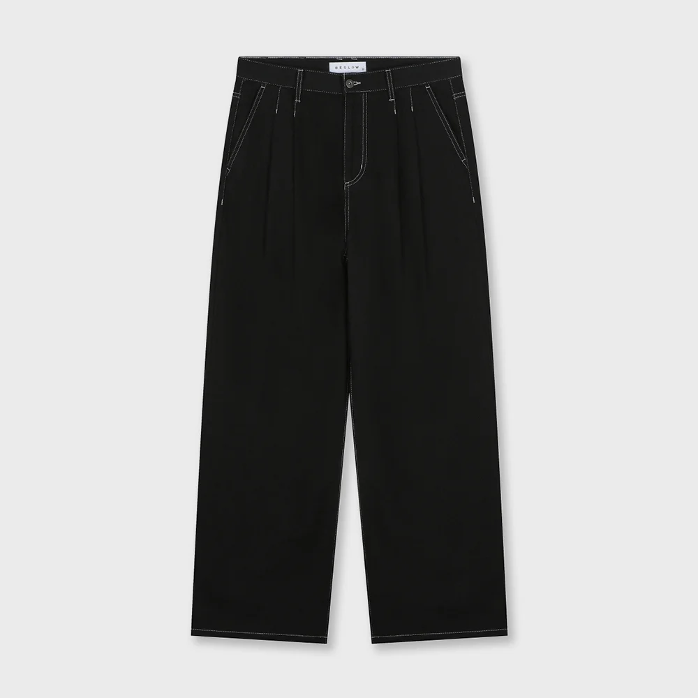WIDE FIT TWO TUCK LINEN DENIM PANTS BLACK