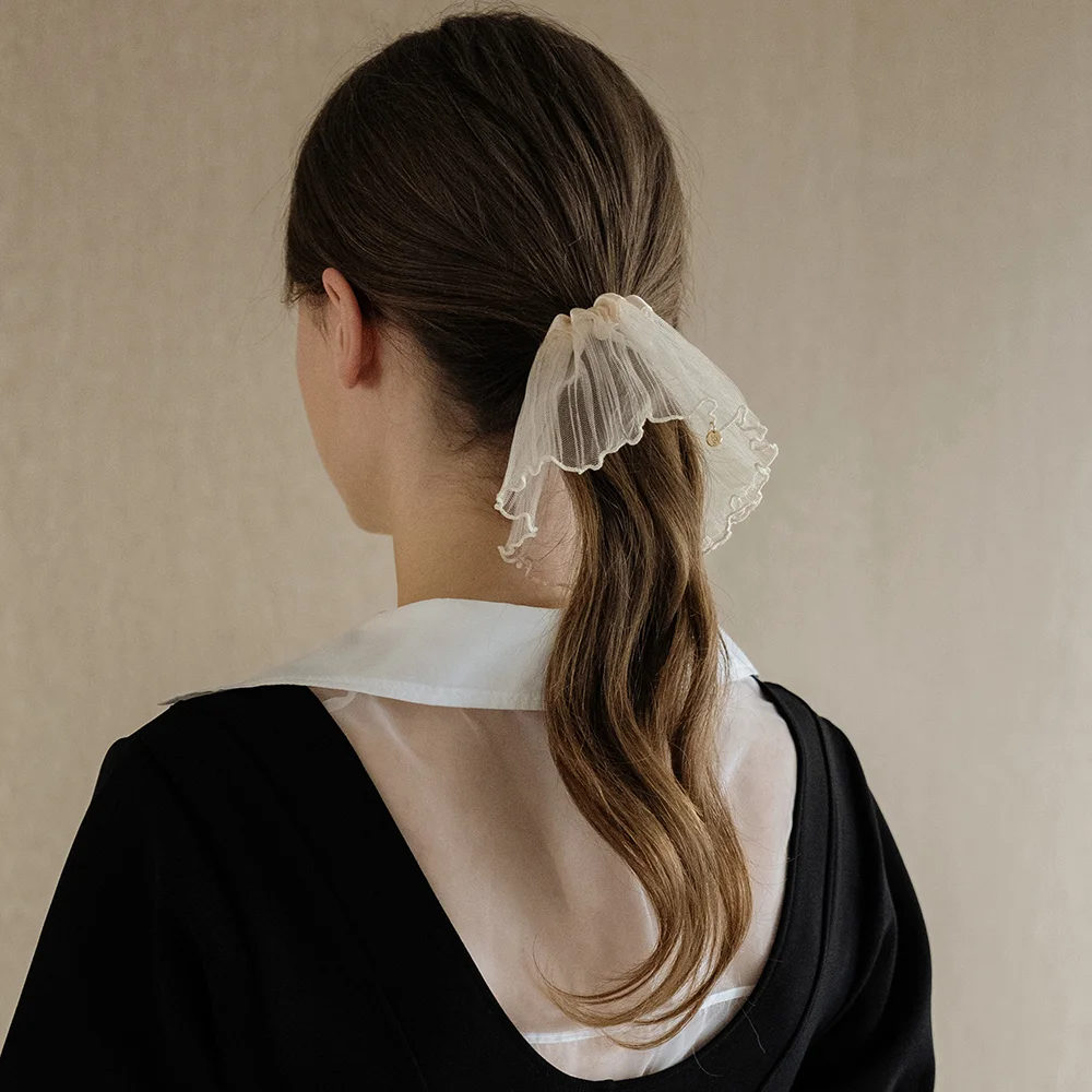 EN007 Elegant Pleated big Scrunchie (Ivory, Black)