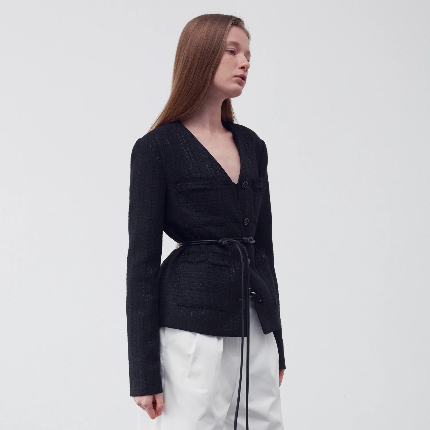 V NECK POCKET TWEED JACKET