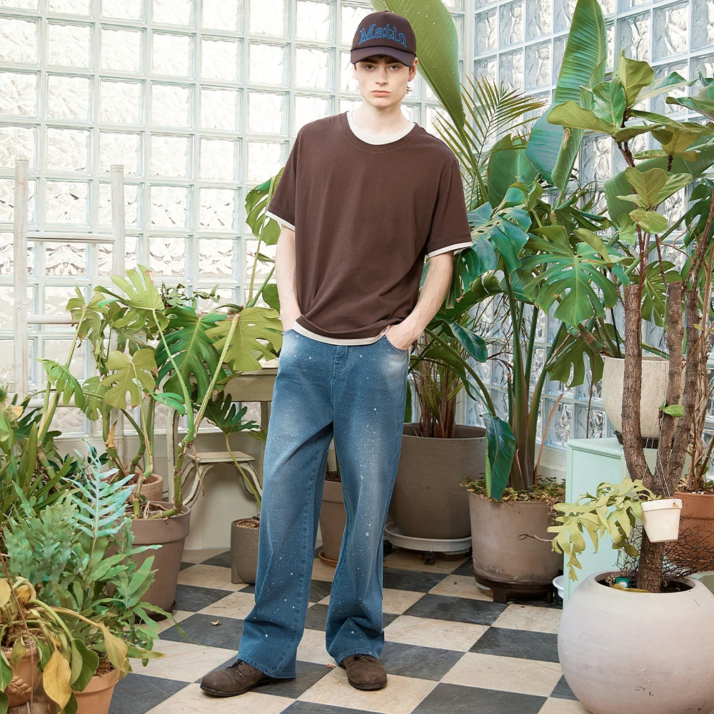 BACK LINE POINT SOFT SHINY DENIM PANTS IN BLUE