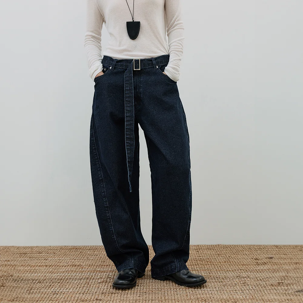 Belted Curved Denim Pants (deep sea)