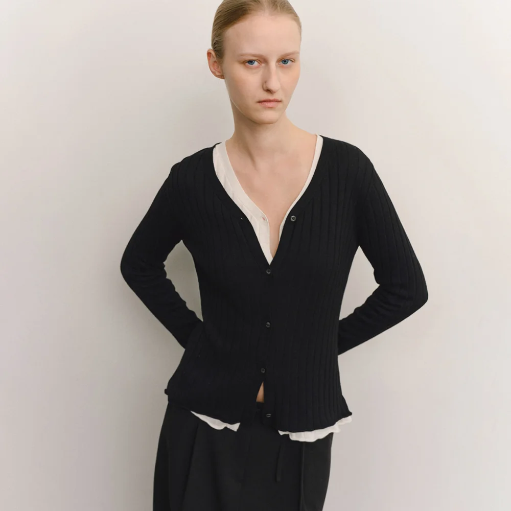 SILKY RIBBED KNIT CARDIGAN_BLACK