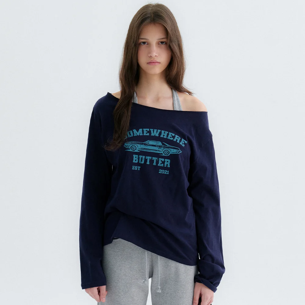 Vintage Car Off Shoulder Top - Navy