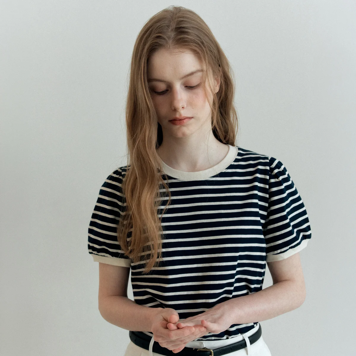 STRIPE SHIRRING T-SHIRT_NAVY