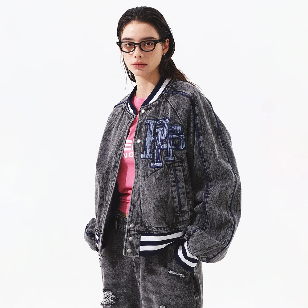 DENIM VARSITY JACKET BLACK DENIM