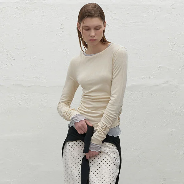 RIBBED SHIRRING BACK POINT SLIM TEE(T-6770)