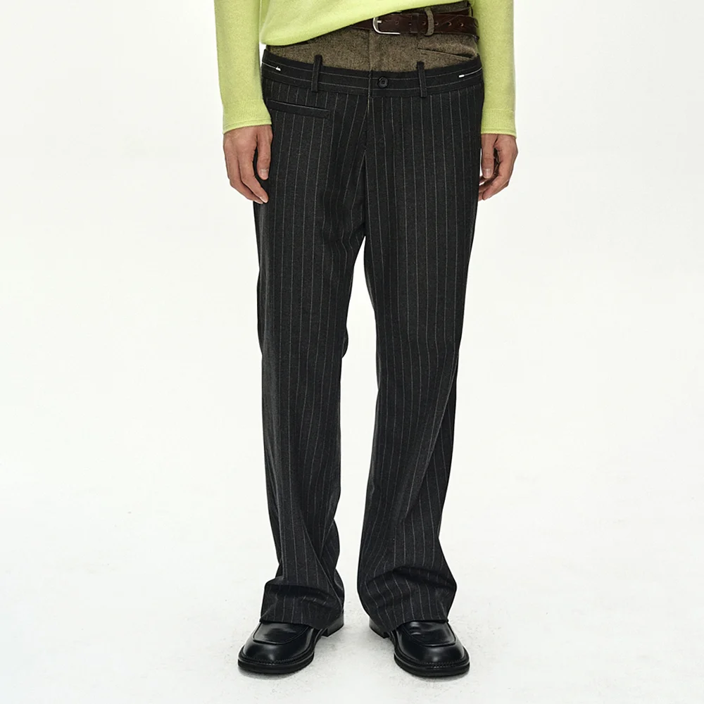 DOUBLE WAIST STRIPE WOOL TROUSERS (DARK GREY/BEIGE)