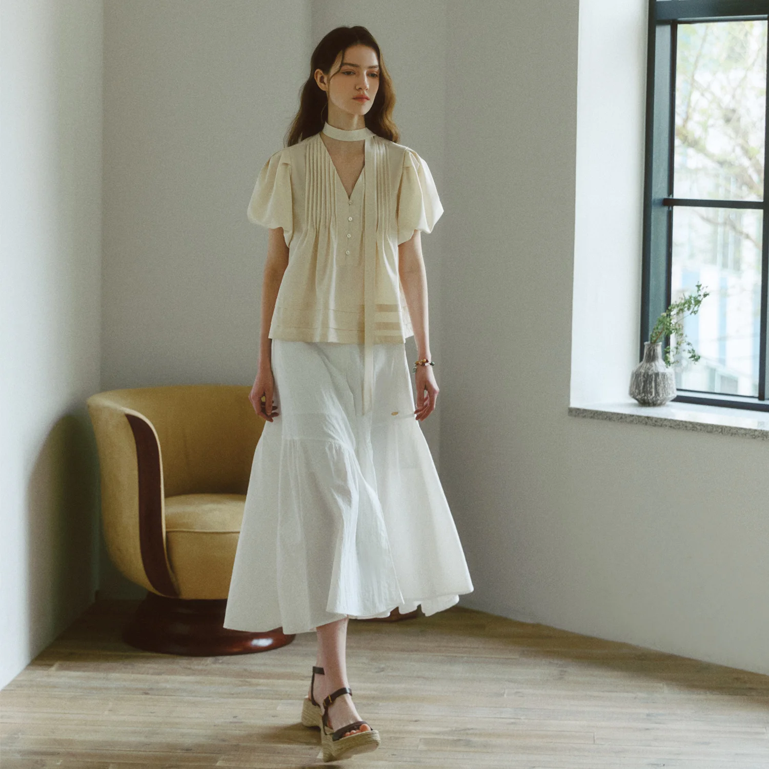 Unbalanced-Hem Tiered Flare Skirt OFF WHITE