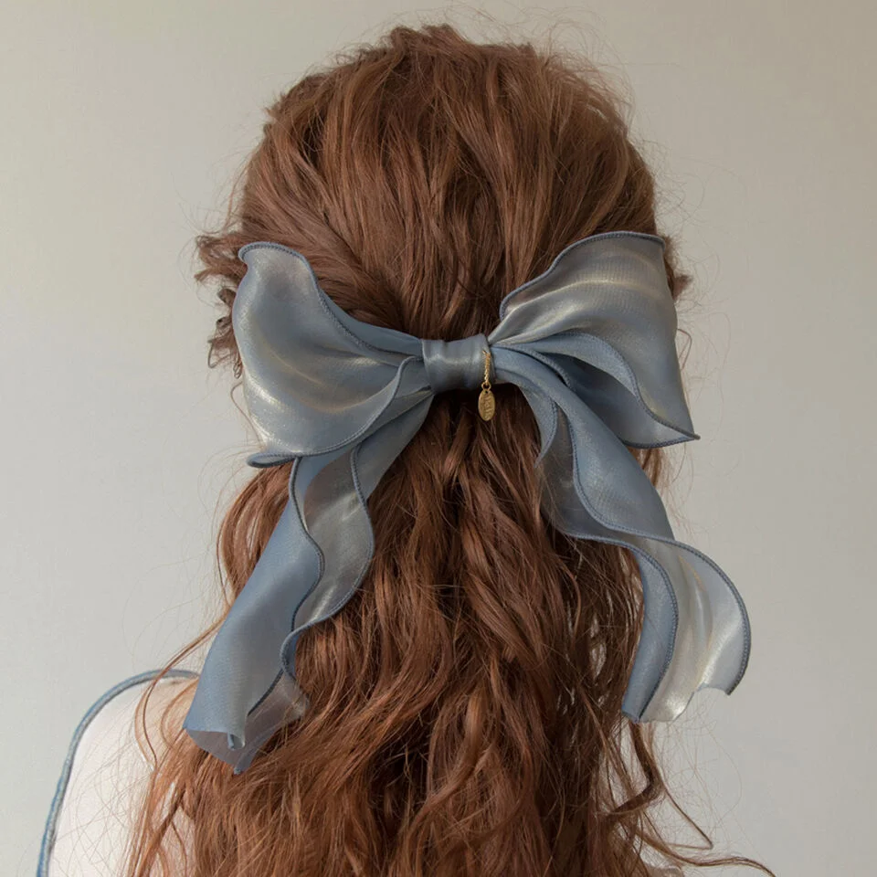 Blue organza ruffle ribbon hairpin