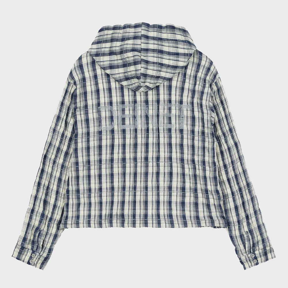 DEINET BACK LOGO CHECK HOODIE SHIRTS IN NAVY