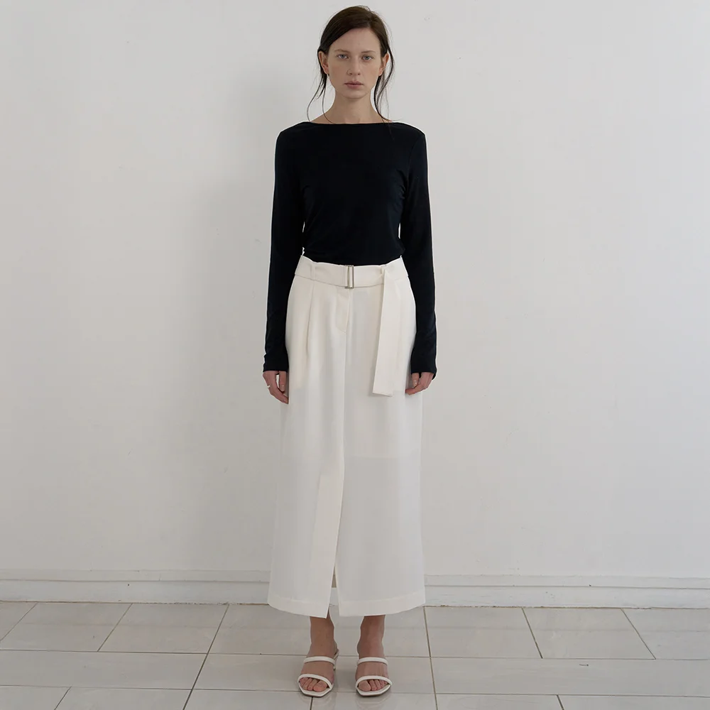 LOW PIN-TUCK BELTED SKIRT_IVORY