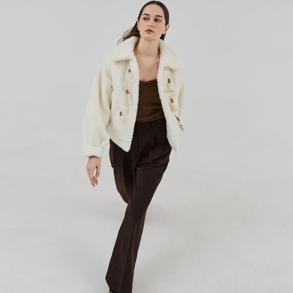 TWO-TUCK BUTTON WIDE WOOL PANTS (BROWN)
