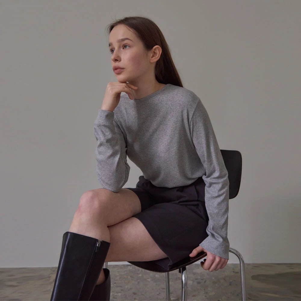 Round Rib Long Sleeve Top (Melange Gray)