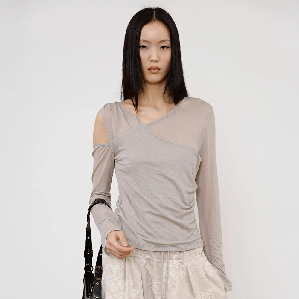 ONE SHOULDER DRAPED ASYMMETRIC TOP IN BEIGE