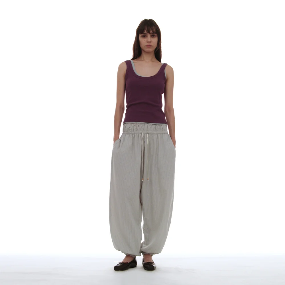 PWC CHECK DOUBLE WAIST HAREM PANTS_LIGHT GREY